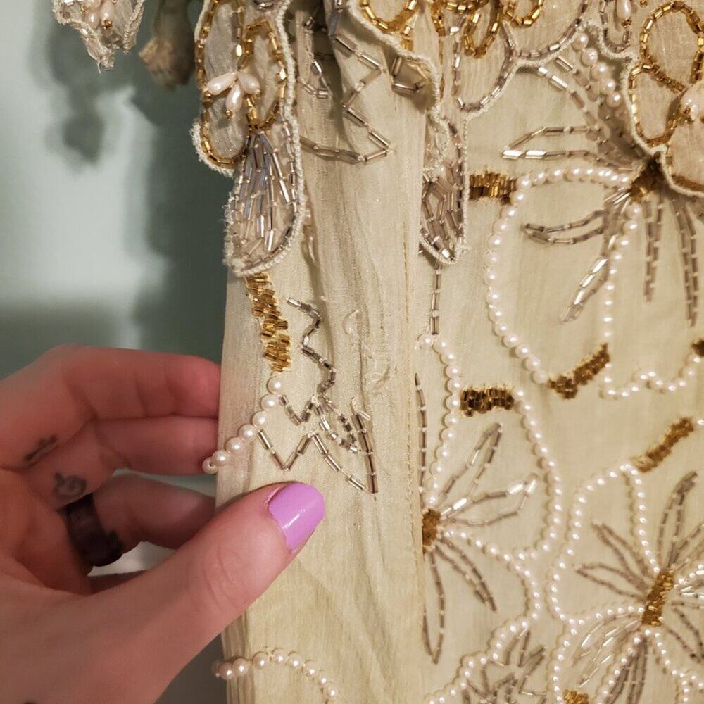 Vintage 1970s Retro Green Silk Floral Palm Leaf Gold Beaded Maxi Dress - Picture 9 of 15